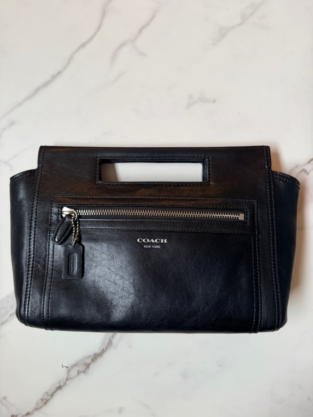 COACH Black Leather Handheld Clutch with Exterior Zip